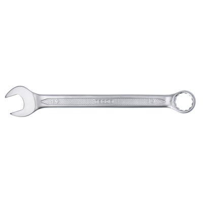 Tecos ringgaffelnøgle 19 mm i Chrom Vanadium stål med blankpoleret hoved og silkemat overflade, 230 mm lang.