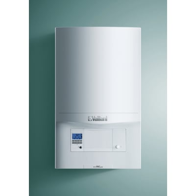 Vaillant Ecotec Pro VC DK 236/5-3 H gaskedel monteret på en turkisblå væg, viser det fulde apparat og kontrolpanelet.