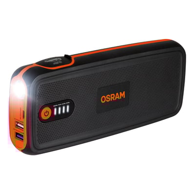 Osram BATTERYstart 400 jumpstarter og powerbank med 16.800 mAh, der viser LED-indikatorer og USB-porte på hvid baggrund.