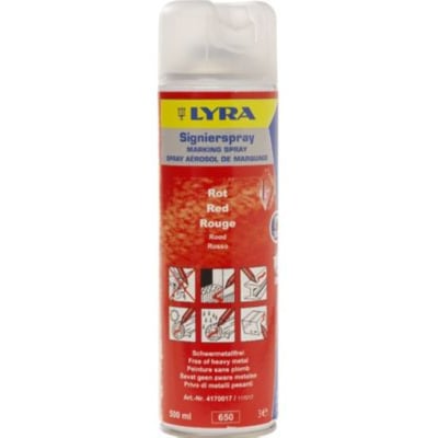 Lyra markeringsspray 500 ml i rød, vist fra en lidt anden vinkel, med fokus på etikettens tekst og billeder.