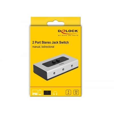 DeLock 2-ports stereo jack switch i originalemballage med klar afbildning af produktet og logo.