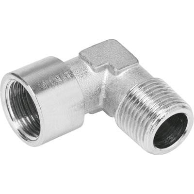 Festo banjovinkel NPFC-L-R18-G18-MF i messing, forniklet, med indvendigt og udvendigt gevind til trykluftsystemer.