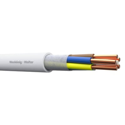 Halogenfrit installationskabel fra Waskönig + Walter med fem kobberledere, isoleret i grå, brun, blå, gul/grøn og sort på hvid baggrund.