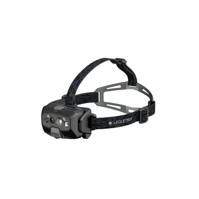 Sort Ledlenser HF8R Core genopladelig pandelampe med justerbart sort pandebånd og flere linser i fronten.