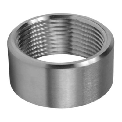 Maskinbearbejdet Indura halvmuffe 1.1/2" i rustfrit stål AISI 316 set forfra, viser præcise indvendige gevind.