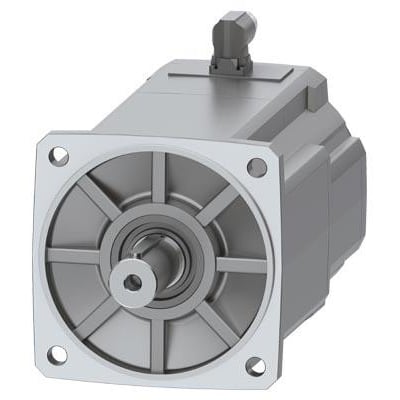 Siemens Simotics S-1FK2 CT servomotor i sølvgrå metal med flange og aksel med notgang, monteret tilbehør på toppen.