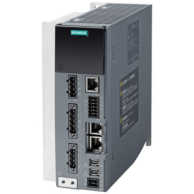 Siemens SINAMICS S210 frekvensomformer med grå kabinet, mørk frontpanel med stik og etiket med advarselstekst.