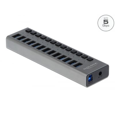DeLock SuperSpeed USB hub i metal med 13 porte, der understøtter 5 Gbps dataoverførsel og har individuelle tænd/sluk-knapper.
