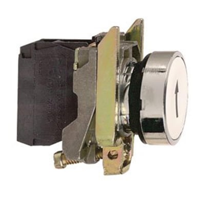Schneider Electric trykknap, komplet, plan, hvid med sort pil op, 1NO, 22mm diameter, set fra siden.