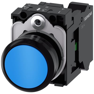 Siemens SIRIUS ACT trykknap 22mm med blå plastknap, 1 sluttekontakt og fjederklemme monteret på sort baggrund.