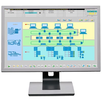 Siemens PCS7 Maintennance Station Runtime software-skærm der viser et procesflowdiagram med computere og systemkomponenter.