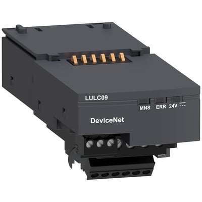Schneider Electric TeSys U DeviceNet kommunikationsmodul, model LULC09, med indgange til 20mm rør og grå kabinet.