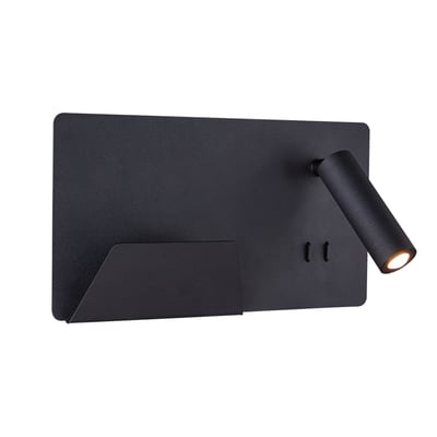 Detaljeret billede af SLV Somnila sengelampe i sort, med LED-spot tændt og en foldbar telefonholder.