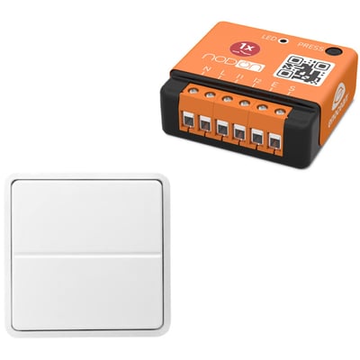 Lauritz Knudsen trådløs Enocean relæ med tryk, pakkeløsning til nem installation med batterifrit tryk i hvid og orange.