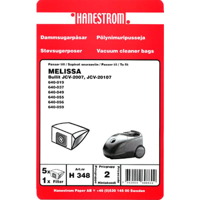 Hanestrom støvsugerposer H 348 til MELISSA Bullit støvsugere, viser illustration af pose og støvsuger.
