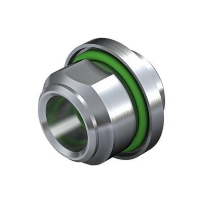 Metalfarvet hus til Weidmüller M8-rundstik med grøn ring, vist skråt forfra med den åbne tilslutning synlig.