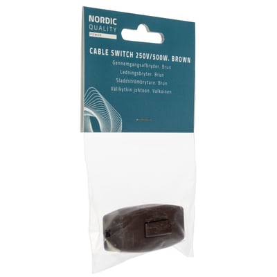 Brun ledningsafbryder fra Nordic Quality i original emballage med produktinformation på dansk og andre sprog.