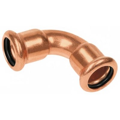 Sanha kobber Cu press bøjning 22 mm, 90 grader med to muffer og EPDM-tætning på hvid baggrund.