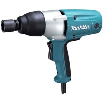 Detaljeret billede af Makita slagnøgle TW0350J, der viser grebets ergonomiske form og hovedets konstruktion.