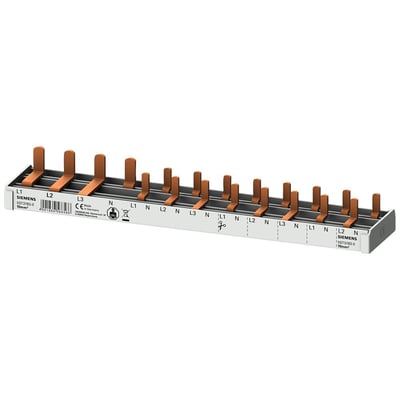 Siemens PIN samleskinne 10mm² L214MM til el-installation med markeringer for L1, L2, L3 og N samt sikkerhedssymboler.