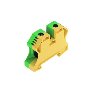 Detaljeret billede af Weidmüller WPE 35N jordklemme for 35 mm² kabel med skrueterminaler og gul/grøn farve.