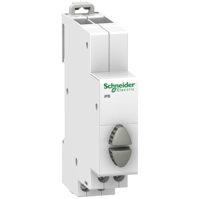 Schneider Electric Acti9 iPB trykkontakt med 20A mærkestrøm, 2NO og 250V AC, 18mm bredde og hvid farve.