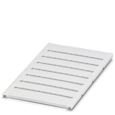 Nærbillede af et ark med Phoenix Contact UC-TM 6 mærkeskilte, der viser de forperforerede sektioner i hvidt polyamidmateriale.