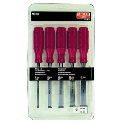 Bahco stemmejernssæt 9883 med fem stk. i forskellige størrelser (6-25 mm) præsenteret i klar plastemballage.