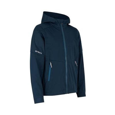 ID Identity navy softshell jakke til børn i størrelse 4/6 år, med hætte og lynlåsdetaljer.