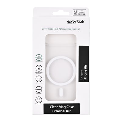 Emballagen viser et transparent Essentials-magnetcover til iPhone 17 Air med en tydelig magnetring.
