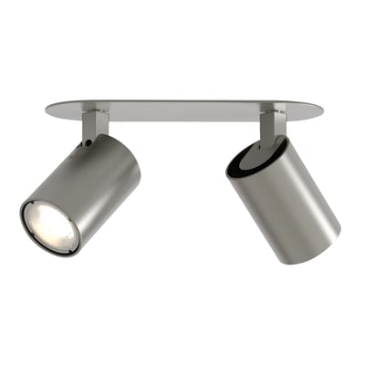 Astro Lighting Ascoli Twin indbygningsspot i mat krom med to kipbare, cylindriske spotlamper set skråt forfra.