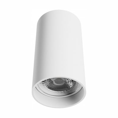 Hvidt, cylindrisk GU10-loftspot i aluminium fra SpectrumLEDs Chloe-serie, set skråt nedefra med spotåbningen synlig.