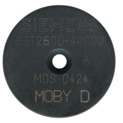 Siemens Transponder MDS D424 med 'MOBY D' mærkat, model 6GT2600-4AC00, diameter 27mm og tykkelse 4mm.