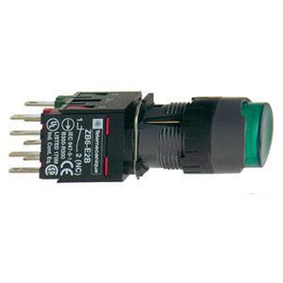 Schneider Electric XB6AE3B1B lampetryk med grønt, rundt, ophøjet tryk og frontring i plast, Ø 16 mm, med loddepin-tilslutninger.