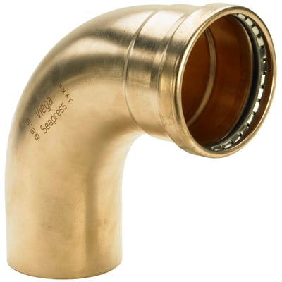 Viega 88,9 mm Seapress presbøjning 90 grader i messingfarvet CuNi10Fe1,6Mn-legering med synlig indvendig pakning.