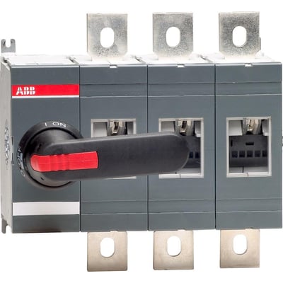 ABB 3-polet lastafbryder på 630A med frontbetjent drejegreb til bundmontering, set forfra med tydelig mærkning.