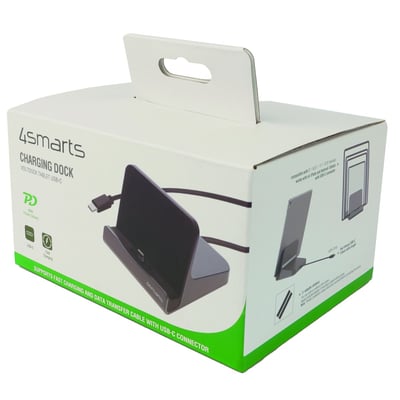Emballagen til 4smarts VoltDock-ladestation til tablet viser den grå USB-C-dock med 60 W effekt.