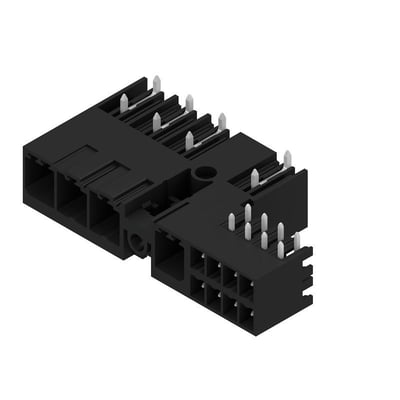 Weidmüller hybridkonnektor til printkort med 4 poler, 7,62 mm afstand og 270° udgående vinkel, set skråt fra siden.