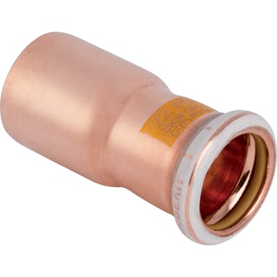 Geberit Mapress reduktion CUG 42 x 35 mm fremstillet af skinnende kobber med hvid markeringsring.