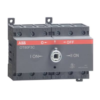 ABB 3-polet omskifter 1-0-2 OT80F3C med 80A, klar til montering på DIN-skinne eller bundplade.