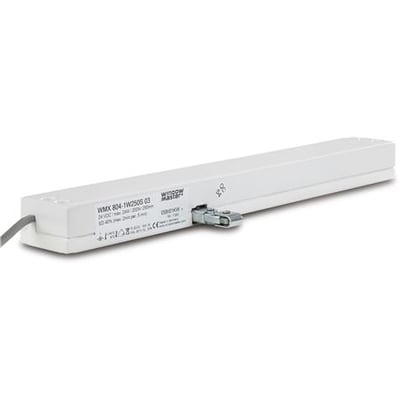 Detaljeret visning af den hvide WindowMaster WMX 804-1W250S kædemotor, der viser dens kompakte design og monteringsbeslag.