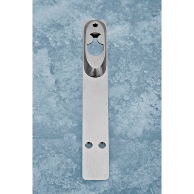 Smal langskilt fra Assa Abloy, model H12, med aflang sølvfarvet plade og åbning til låsecylinder.