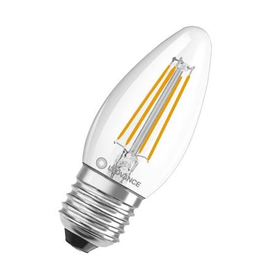 Osram LEDVANCE kertepære med klar glas og synlig filament, 4W, E27 sokkel og 2700K varmt hvidt lys.
