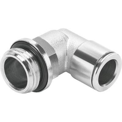 Festo vinkel-forskruning NPQM-L-G18-Q4-P10, en L-formet push-in fitting med gevind og muffe, lavet af metal med gummitætning.