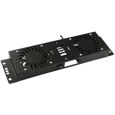 Sort Lanview-ventilatormodul RAF113BL med to ventilatorer og on/off-kontakt, set skråt ovenfra.