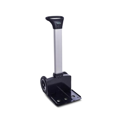 Raaco CarryMore TRT-0 transporttrolley i sort og aluminium med udfoldet bund, store hjul og ergonomisk håndtag.