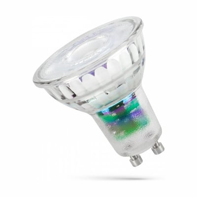 SpectrumLED GU10 LED-pære på 2,5 W med klart hus, 4000 K lys og 38° spredning, vist skråt forfra.