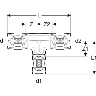 Teknisk tegning af Geberit FlowFit T-stykke 63x50x63mm, viser dimensioner L, d, d1, d2, Z og Z1.