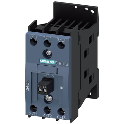 Siemens 3RF3 solid-state kontaktor i blå og sort plast med mærkat 'SIEMENS SIRIUS' og terminalnumre 1/L1, 3/L2, 5/L3 samt 2/T1, 4/T2, 6/T3.