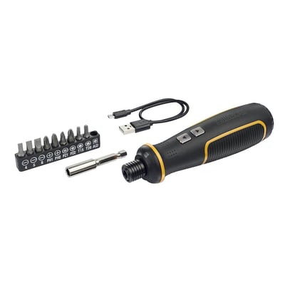 Ironside bitsskruetrækker på 3,6 V med sort og gult greb, vist sammen med ni bits, bitsholder og USB-kabel.